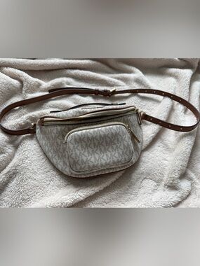 Michael Kors Beige Signature Canvas Crossbody with Brown Trim